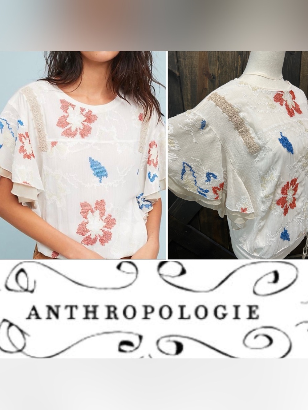 Anthropologie TINY Linen Blend Embroidered Flutter Sleeve‎ Top M Tie Hem Boho